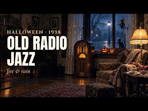 Old Time Radio Jazz 🎃 Halloween Night, 1938 | Vintage 1930s Jazz, Rain & Fireplace (3 Hours)