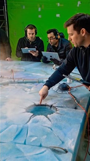 Filming an ice wreck behind the scenes movie set setup green screen