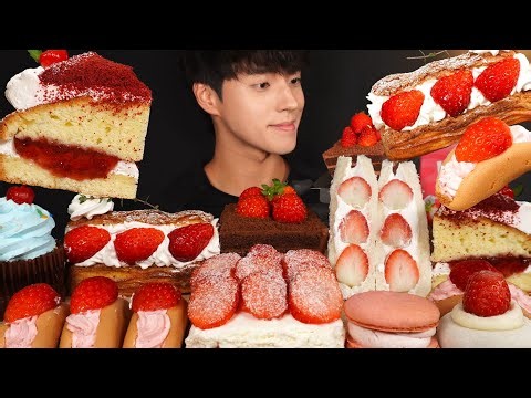 ASMR MUKBANG STRAWBERRY DESSERTS! CHOCOLATE CAKE & CUPCAKE & TIRAMISU & MACARON & SANDWICH