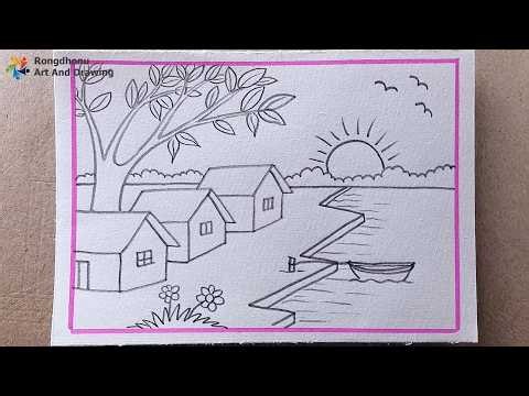 Beautiful Village Scenery Drawing | River, Houses, Boat & Sunset