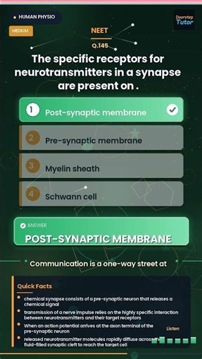 🧠 Human Physio MCQ: Synapse Receptors for NEET 2026 Biology #Shorts