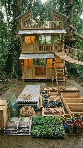 Building a Three-Story Bamboo House in the Middle of the Forest #satisfying #construction #asmr