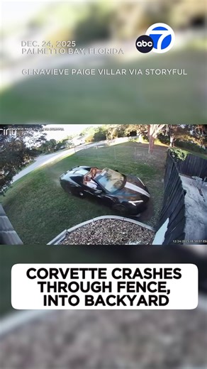 ABC7 Eyewitness News on Instagram: "Surveillance video shows the shocking moments a Corvette zoomed through an intersection and across a family's lawn into a garden fence in Florida. The homeowner says she and her kids were playing with chalk on the pavement just moments before the crash. She said the car was driven by a neighbor and that she would not be pressing charges since "no one was hurt.""