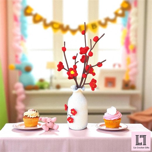 Crochet Red Plum Blossom Arrangement: Handmade Yarn Vase Decor - Etsy UK