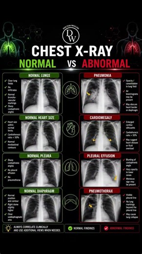 Day 128 - ​1Lungs​Normal: Clear lung fields with sharp,clear angles at the bottom corners.​Pneumonia