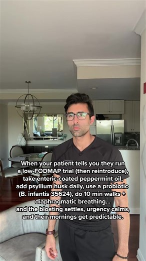 IBS symptoms improve most when fermentation, motility, sensitivity, and the gut–brain axis are addressed together. Here’s why this combination works: 🥗 Low-FODMAP trial, then reintroduction Short-term FODMAP restriction reduces water pull and gas from poorly absorbed carbs, easing bloating and urgency. Randomized trials show significant improvement in global IBS symptoms, especially bloating and pain (PMID: 27725652; 39917138). Structured reintroduction is essential to identify personal trigger