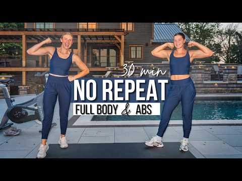 30 min NO REPEAT Full Body and Abs Strength Training with Dumbbells
