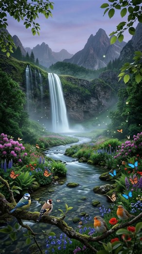 Peaceful Waterfall & Forest Night Sounds for Sleep | Birds, Crickets, Frogs & Sleep Music
