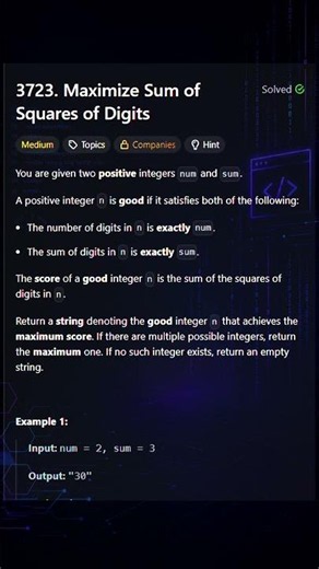 LeetCode 3723 in 45 Seconds | Maximize Sum of Squares of Digits #leetcode #coding #dsa #python