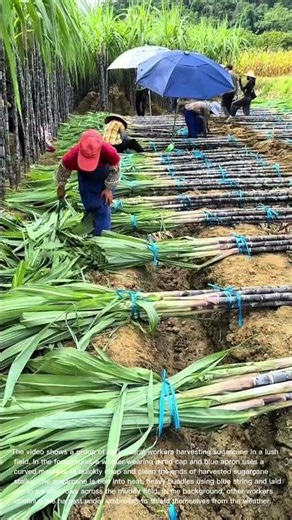 Sugarcane Harvesting: Workers Cut and Bundle Fresh Sugarcane in the Field