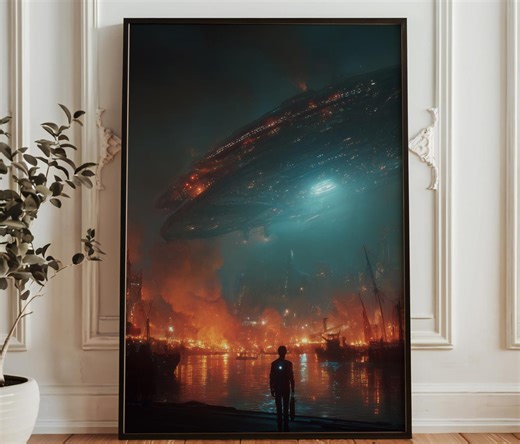 Alien Mothership Wall Art - Sci Fi Apocalypse Print - Futuristic Invasion Poster - Cyberpunk Space Battle Decor - Etsy