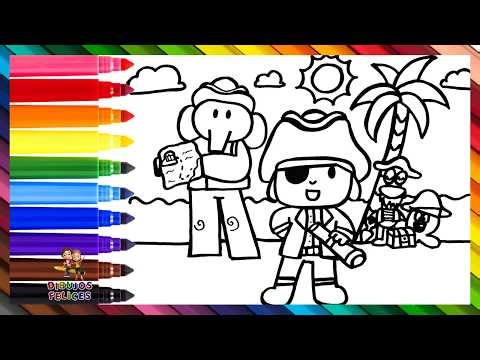 Dibuja y Colorea A Pocoyó Y Sus Amigos Jugando A Los Piratas 👶🦆🐘🏴‍☠️⛵🦜 Dibujos Para Niños