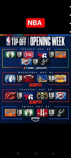 NBA 2026/27 schedule Opening Week ; NBA games today ; NBA Standings Today