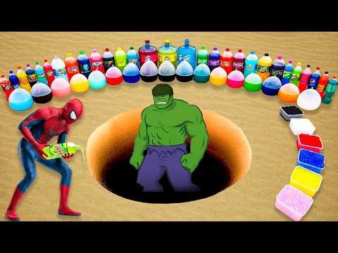 Big Toothpaste Eruption from Hulk Hole with Giant Fanta, Soda Balloons, Pepsi, Coca-Cola vs Mentos