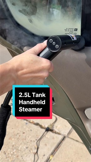 2.5 L handheld steamer, with long hose, can last up to 15 minutes of continual use. Comes with safety gloves, a few attachments, and the long hose makes it much more safe than most handheld steamers. #steamer #carcleaning #steaming #cleaning #tiktokshopblackfriday
