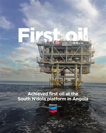 ✔ First oil achieved at the South N’dola platform in Angola. We’ve connected South N’dola to an existing offshore facility, Mafumeira—enabling cost-effective development and production. This milestone continues to strengthen our 70 year partnership with Angola. Learn more 👉 https://chevron.co/fb-Angola-First-Oil | Chevron