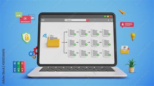 Document and Files Management Network System for Online Archives Concept. Digital Storage, Secure Document Organization, Cloud Access and Files Workflow Management on Laptop. 4K 3D Video Animation