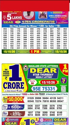 Dear Lottery Live Result 1 PM | Star Morning Lottery Sambad Live 15/10/26 | Nagaland Lottery Live