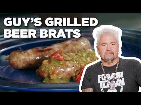 Guy Fieri's 5-Star Grilled Beer Brats with Peppers & Onions | Guy's Big Bite | Food Network