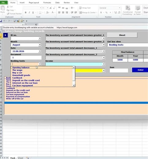 Opening balance of call money Family Budget Management in Excel VBA