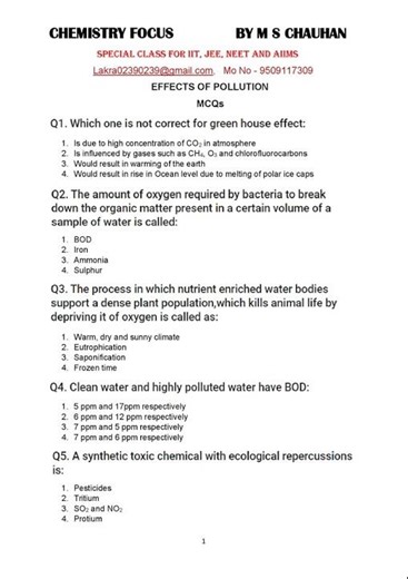 ENVIRONMENTAL CHEMISTRY MCQs; EFFECTS OF POLLUTION; STRATOSPHERIC POLLUTION; NUCLEAR WASTE PROBLEM;