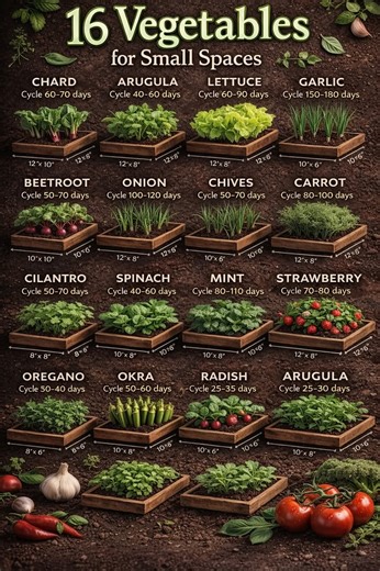 Why Grow Vegetables in Small Spaces? Urban and small-space gardening helps you: Enjoy fresh, pesticide-free food Save money on groceries Reduce food waste Reconnect with nature—even in the city Many vegetables mature quickly, have shallow roots, or adapt well to containers, making them perfect for limited spaces. The 16 Best Vegetables for Small Spaces 1. Swiss Chard (Acelga) Growth cycle: ~60–70 days A leafy green that regrows after harvest and thrives in pots or raised beds. 2. Watercress (Agr