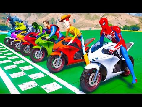 SPIDERMAN vs SUPERHEROES TEAM MOTORCYCLES RACING CHALLENGE on GRAND CANYON STUNTS MEGA RAMP - GTA 5