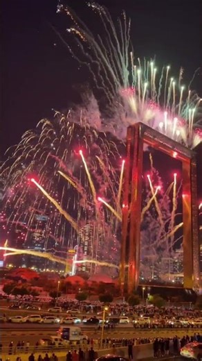 Eid celebrations light up the sky with stunning fireworks around the Dubai Frame. #eidmubarak