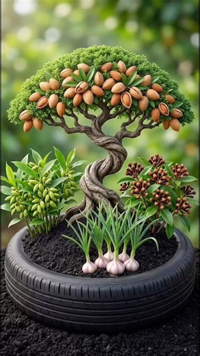 4 Crops in One Tire Garden?! 😱 Almond, Cardamom, Clove & Garlic #Shorts #Gardening #viral
