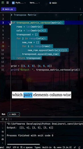 Transpose Any 2D Matrix in 1 Line! 🤯 #python #shorts #dsa #coding #algorithms