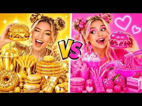 💛💖 GOLD VS NEON PINK! 24-Hour One Color Food Challenge | by 123 GO!