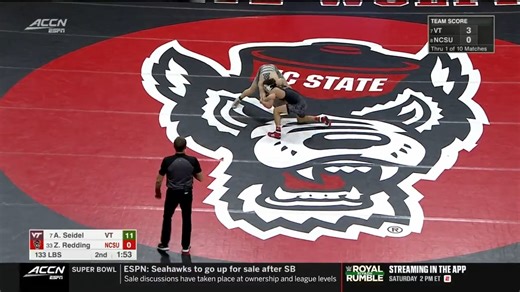 Didn't come to mess around 🫨 No. 7 Aaron Seidel (133) of Virginia Tech Wrestling defeats No. 33 Zach Redding of NC State with a 16-0 tech fall. #NCAAWrestling x 🎥 ACCN | NCAA Wrestling