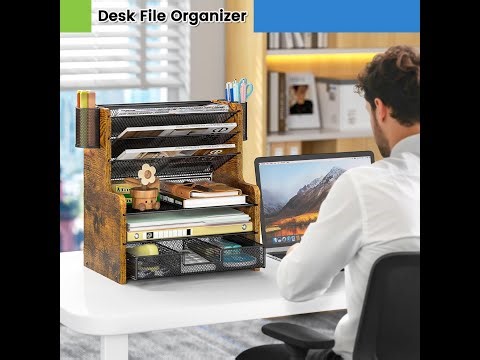 6-Tier Mesh Desk Organizer with Drawer | Wooden Office File Holder & Pen Storage.