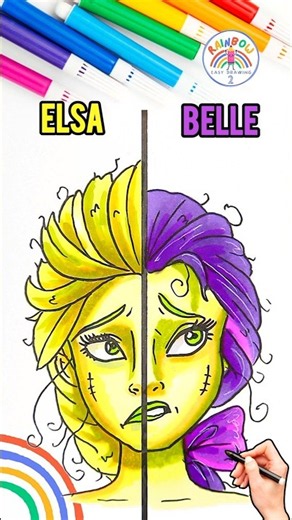 Draw Disney Princesses | Draw Disney Princesses Elsa VS. Belle 🌈👸🏽👸🏼#disney #zombie #shorts
