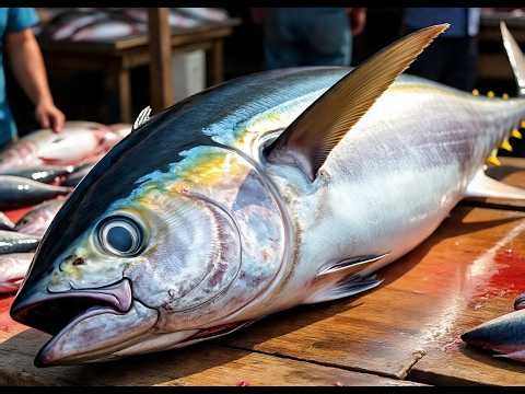 Amazing tuna cutting skills at the Puri Bridge fish market in Sorong City, Indonesia