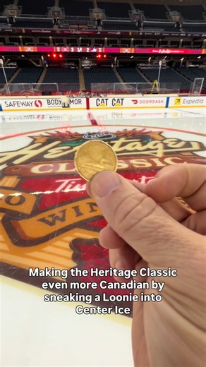 I snuck a Loonie onto centre ice 😁 Don’t miss the 2026 Tim Hortons NHL #HeritageClassic THIS SUNDAY at 7 PM ET on Sportsnet, TVA Sports, & NHL on TNT! #ad #nhlpartner @NHL