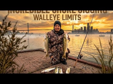 Incredible SHORE JIGGING WALLEYE LIMITS on the DETROIT RIVER - INSANE BITE!!!