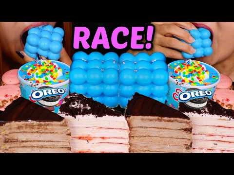 ASMR RACE NUTELLA CHOCOLATE CREPE CAKE, BIRTHDAY CAKE SUNDAE *TRYING VIRAL ICE CREAMS*