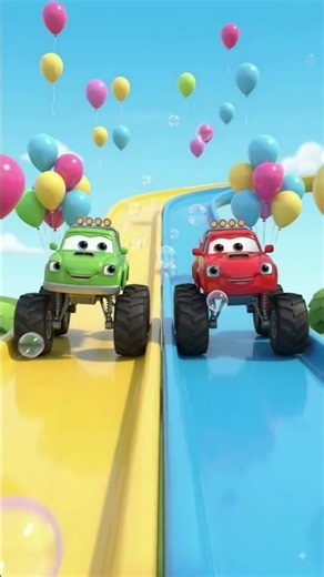 Monster Truck Slide Race! 🏁🚚 Green vs. Red | Fun Cartoon for Kids #kidtrax #kidrules #teamkids #reel