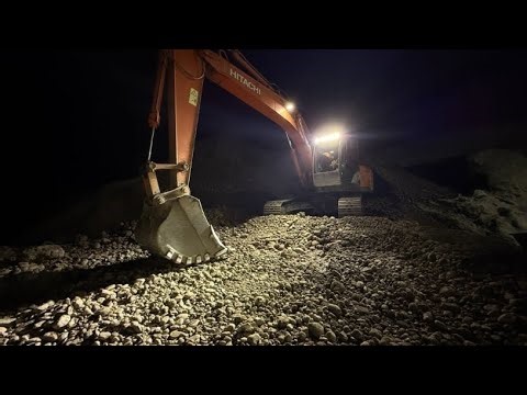 Excavator Night Shift Live | Loading Gravel to Screening Machine
