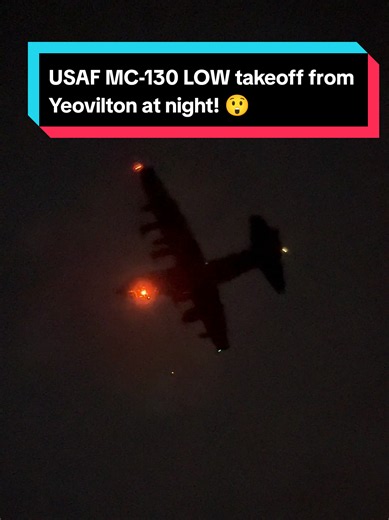 Must've started the takeoff halfway down the runway, they got awfully close to the fence! USAF MC-130J Hercules of the 67th Special Operations Squadron (callsign 'STRIX 67' departing RNAS Yeovilton this evening in pitch black conditions after a day of training with 847 squadron. #mc130 #planespotting #usaf #royalnavy #c130