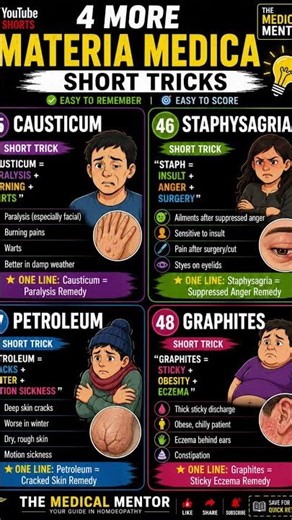 4 More Materia Medica Short Tricks |Causticum, Staphysagria, Petroleum & Graphites | BHMS ExamTricks