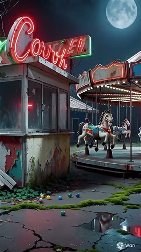 Hauntingly nostalgic carnival scene with eerie, flickering neo #ai