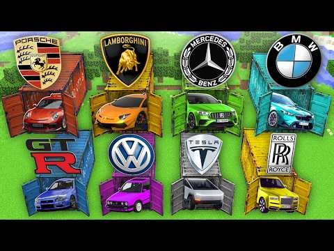 Which CONTAINER WITH ALL BEST CAR BRANDS to CHOOSE in Minecraft ! SECRET CAR BASE !