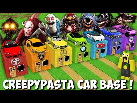 I SURVIVAL in CREEPYPASTA MONSTER BASE WITH CAR BRANDS in Minecraft ! RAREST CAR INSIDE HOUSE !