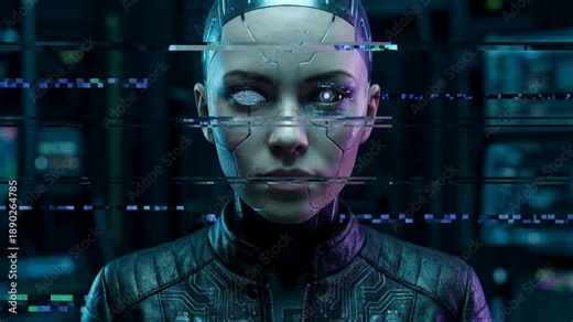 Female humanoid robot with glowing digital eyes experiencing system glitch. Artificial intelligence malfunction with visual distortion. Lockdown close-up shot.