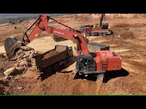 Hitachi Zaxis 670 LC Excavator Loading Overburden On Mercedes And MAN Trucks