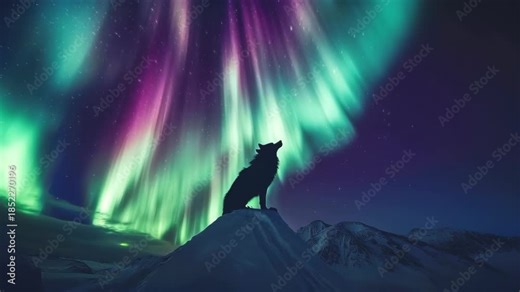 Night Symphony: A lone wolf silhouetted against a dazzling display of aurora borealis, howling at the moon, creating a scene of raw wilderness and celestial beauty.
