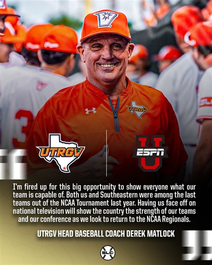 Southland Conference on Instagram: "Senior Vice President and Director of Athletics Chasse Conque and UTRGV head baseball coach Derek Matlock discuss the opportunity to showcase UTRGV, The Valley, and Southland baseball on a national stage on ESPNU. Southeastern at UTRGV 📅 Friday, April 17 ⏰ 6:30 PM CT 📺 ESPNU"