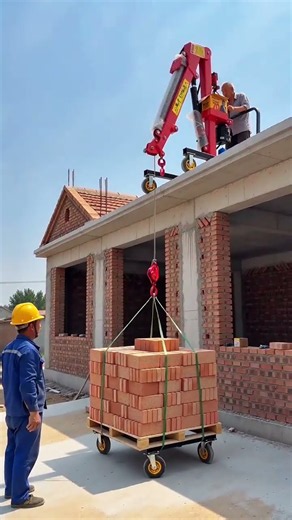 🏗️⚡ Portable Rooftop Mini Crane Lifting Red Brick Pallet from Trolley Demonstration #shorts